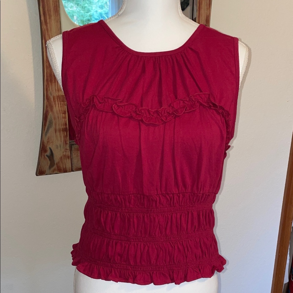 LOFT Sleeveless Ruffled Blouse in Deep Red
